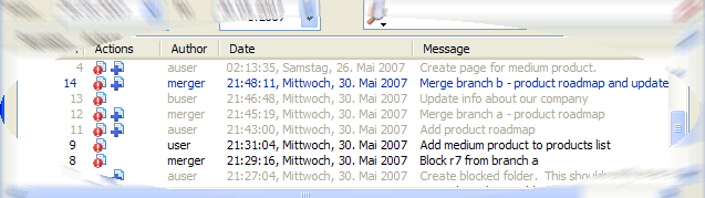 Log dialog showing entries
with merge history